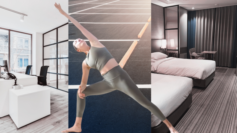 Woman practicing yoga against a backdrop of various office, parking lot, and hotel scenarios