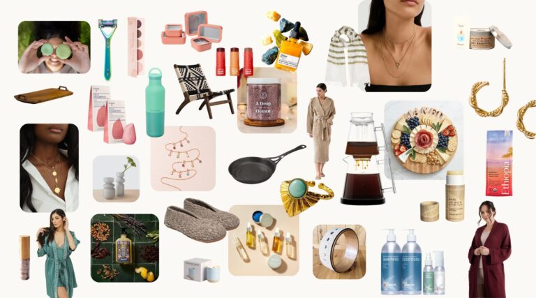A curated collage of the best sustainable Mother's Day gifts featuring eco-friendly gifts for mom like organic cotton robes, ethical gold jewelry, zero waste shampoo bars, non-toxic beauty products, fair trade homewares, natural soy candles, vegan skincare, and refillable personal care from sustainable brands