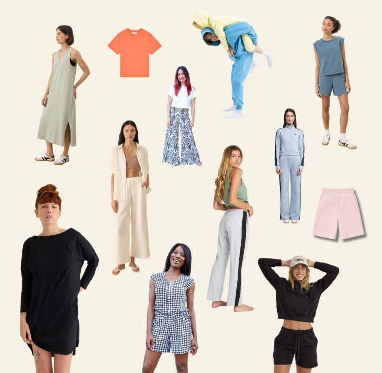 Non-toxic organic clothing brands including organic cotton dress, hoodie and shorts, cream set, printed pants, black dress, joggers, and kids' clothes. Many tested and reviewed by Sustainable Jungle