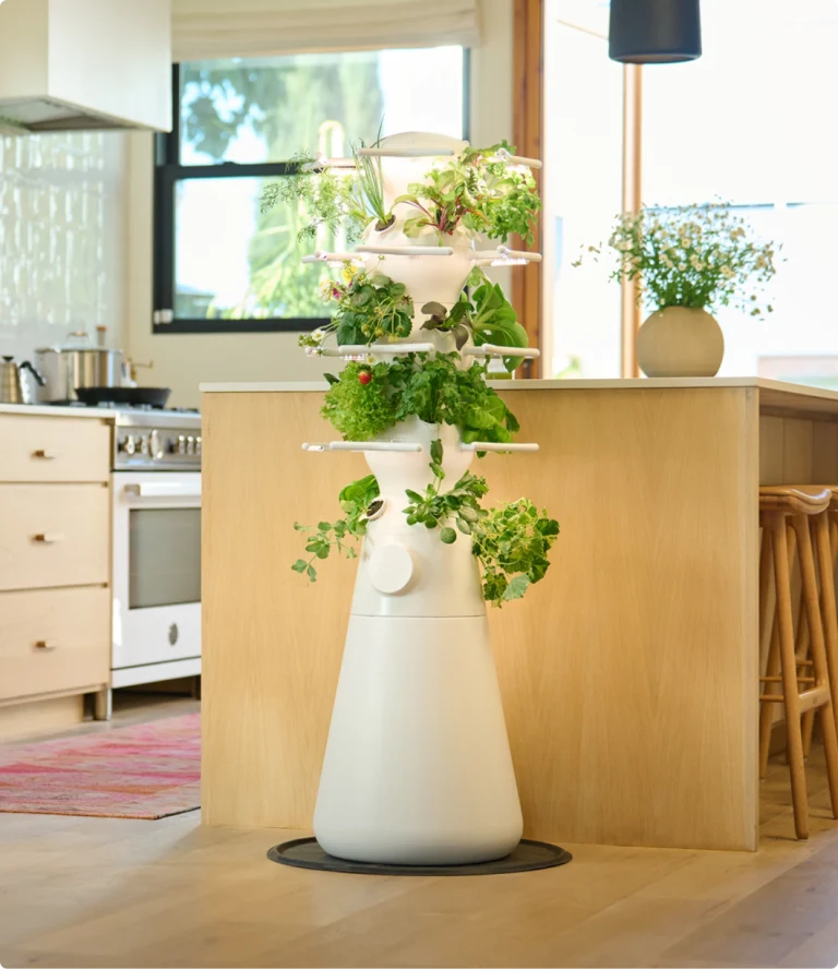 Los 9 mejores jardines interiores verticales y torres de plantas (2026) A sleek, white indoor hydroponic garden with multiple levels of growing plants is placed in a bright, modern kitchen.