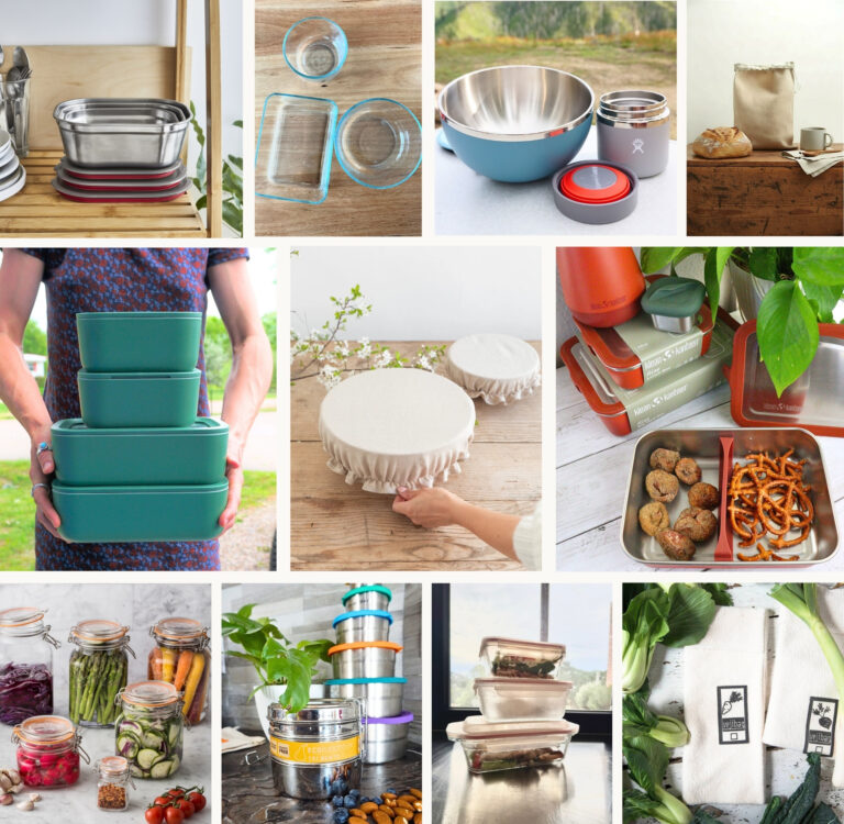 Los mejores recipientes para almacenar alimentos no tóxicos (vidrio, acero y tela) Sustainable Jungle's guide to non-toxic food storage containers featuring glass, stainless steel, jars, beeswax wraps, and linen covers from brands like Caraway, Klean Kanteen, and Kilner