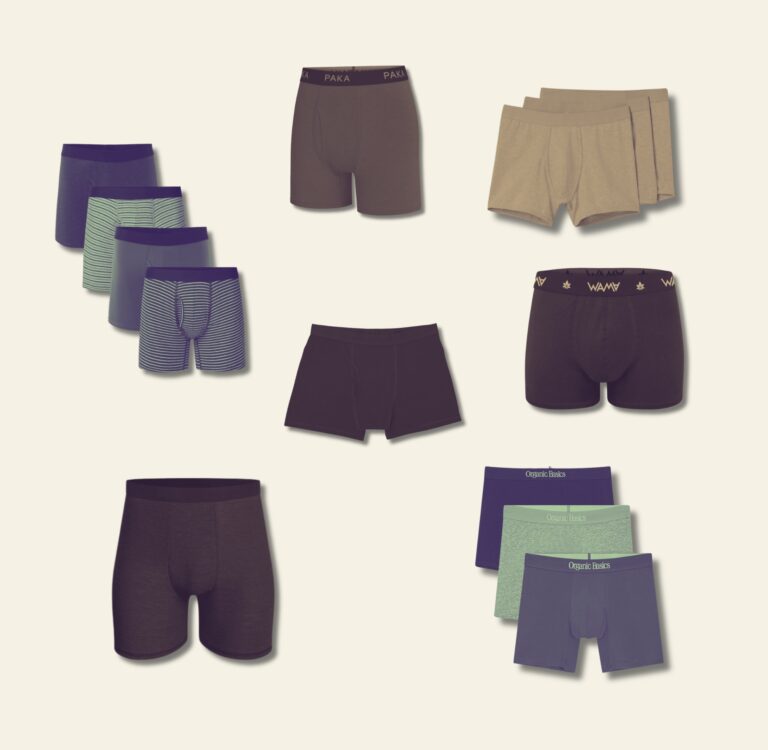 Sustainable men's underwear featuring boxer briefs from Paka, WAMA, and Organic Basics in earthy browns, plums, tans, and striped blues. We cover non-toxic men's underwear, organic underwear, and more.