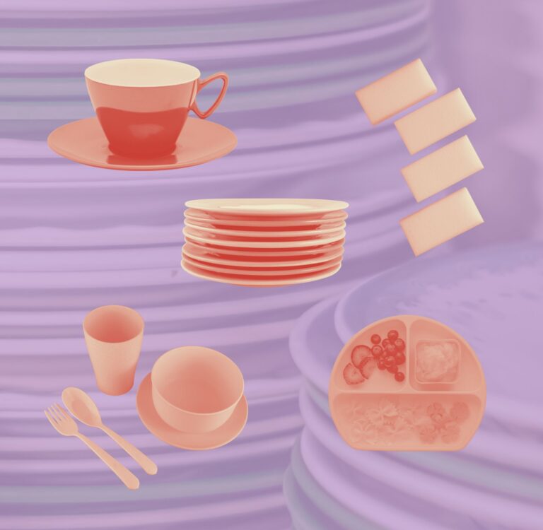 ¿Qué es la melamina y es seguro comerla? What is melamine? dinnerware including a red cup and saucer, stacked plates, kids' bowl and cutlery set, a divided toddler plate with fruit, and melamine sponges on a purple background
